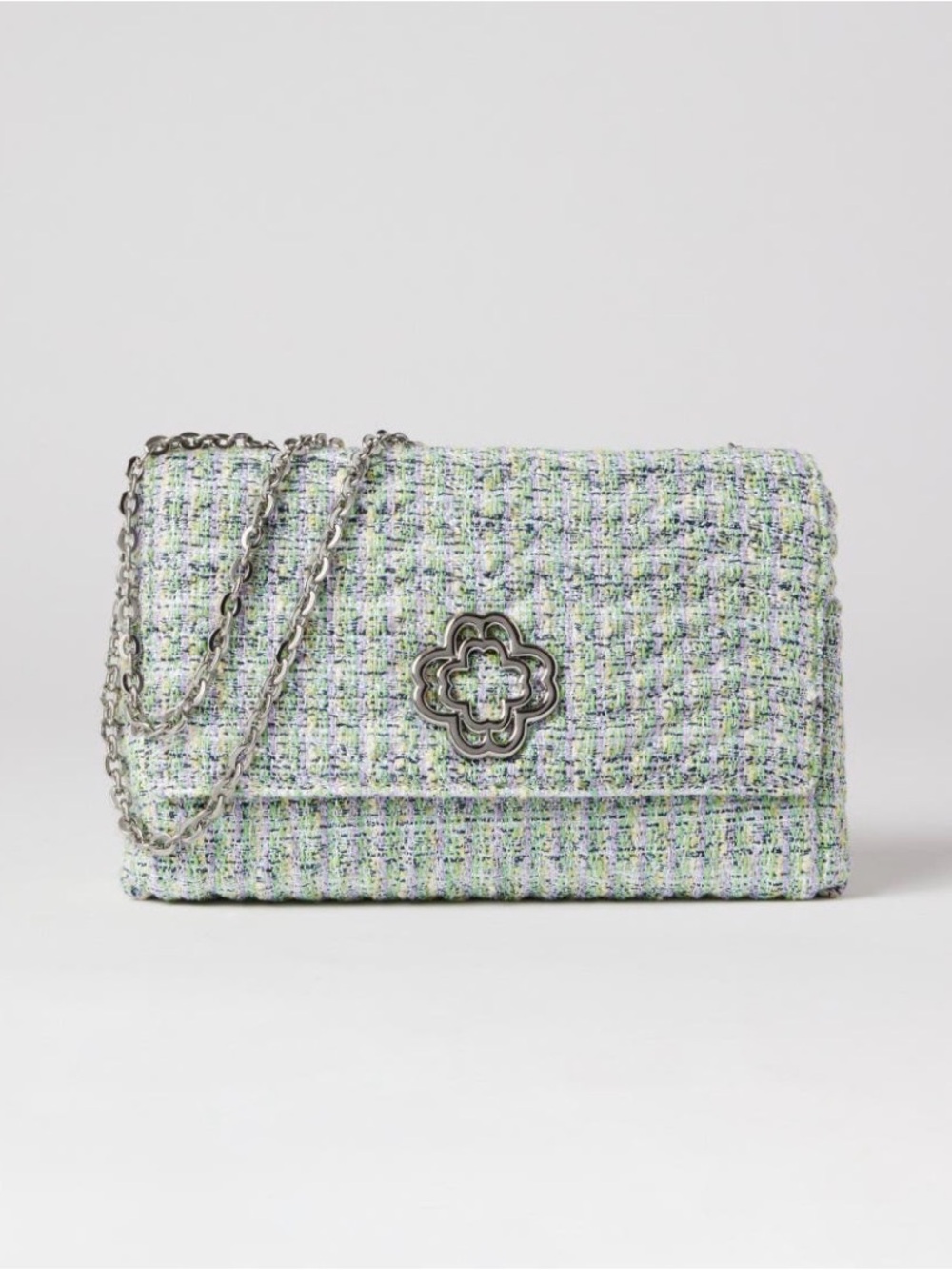 Maje CloverbloomTweed Chain Shoulder Bag with Silver Floral Emblem